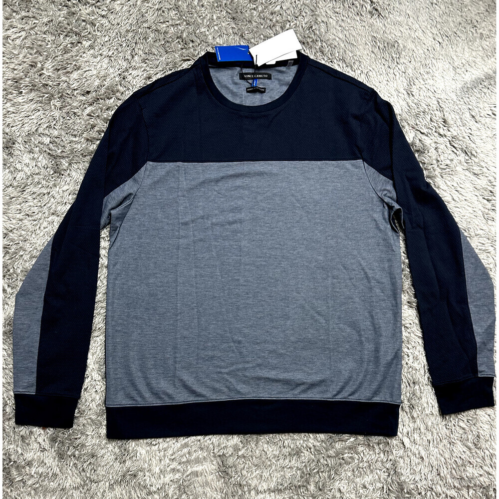 Vince Camuto Men's Colorblock Crew Neck Fit Pima Cotton Sweater Navy Blue L